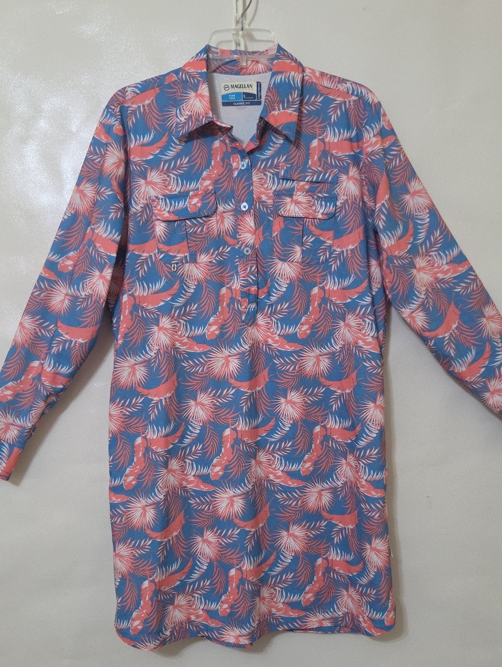 Magellan Outdoors Fish Gear Tropical Print Long-Sleeve Vented Shirt Dress - L